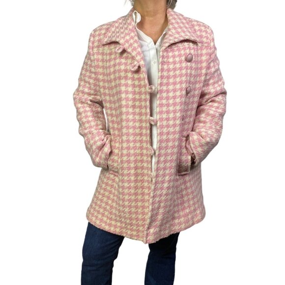 vintage Chadwicks Pink & cream ivory Wool Houndstooth mid length Coat Size 10 - Picture 1 of 9